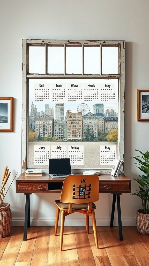 Un calendario creativo elaborado a partir de un marco de ventana antiguo, que muestra meses y fechas.