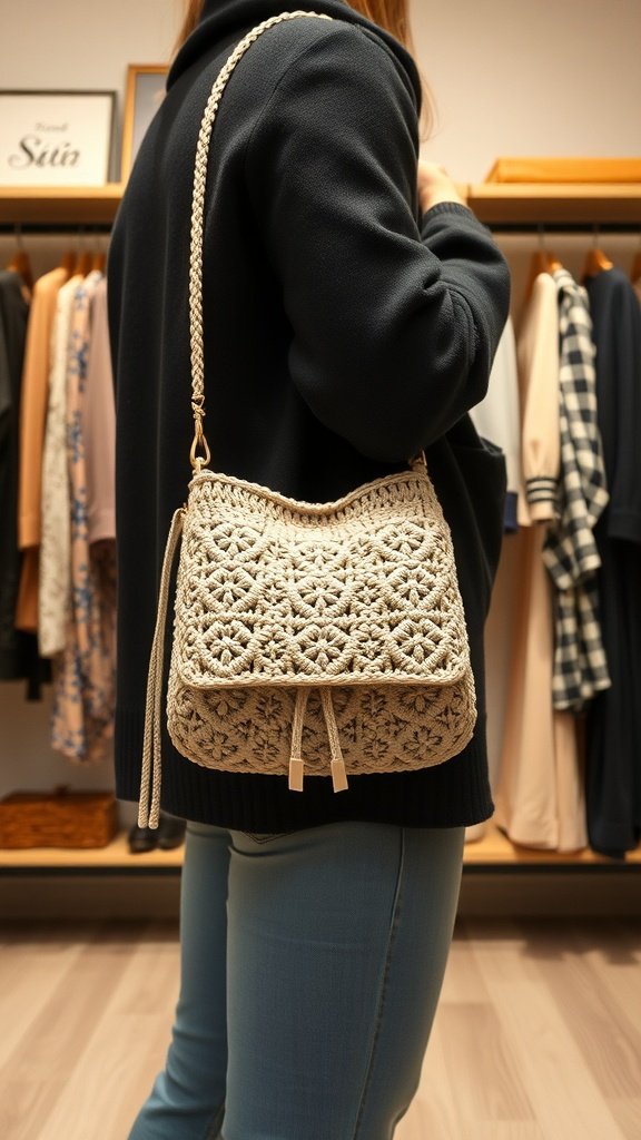 Un elegante bolso cruzado de crochet sostenido por una mujer, que muestra su intrincado diseño y color neutro.