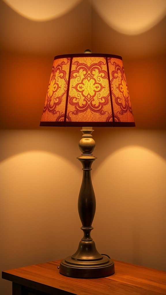 Una elegante pantalla de lámpara con patrones intrincados que proyecta una luz cálida en un entorno acogedor.