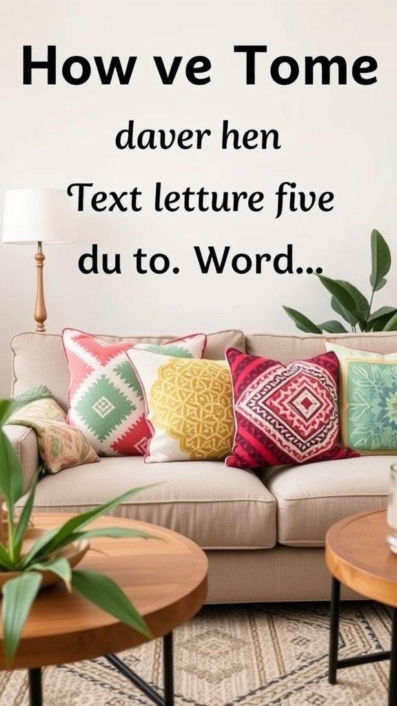 Un sofá acogedor con fundas de almohadas coloridas personalizadas, que muestran varios patrones y diseños.