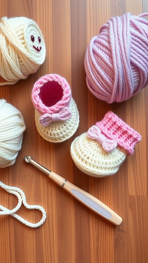 Botitas de bebé tejidas a crochet con hilo rosa y crema, aguja de crochet y ovillos de lana.