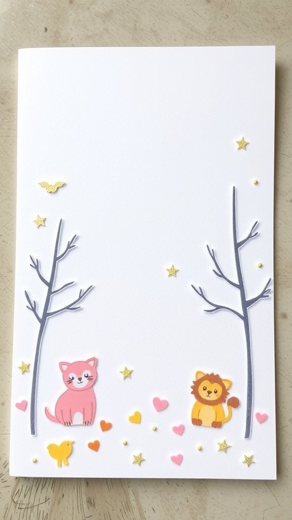 Linda tarjeta de baby shower con un gato rosa y un león, corazones y estrellas.