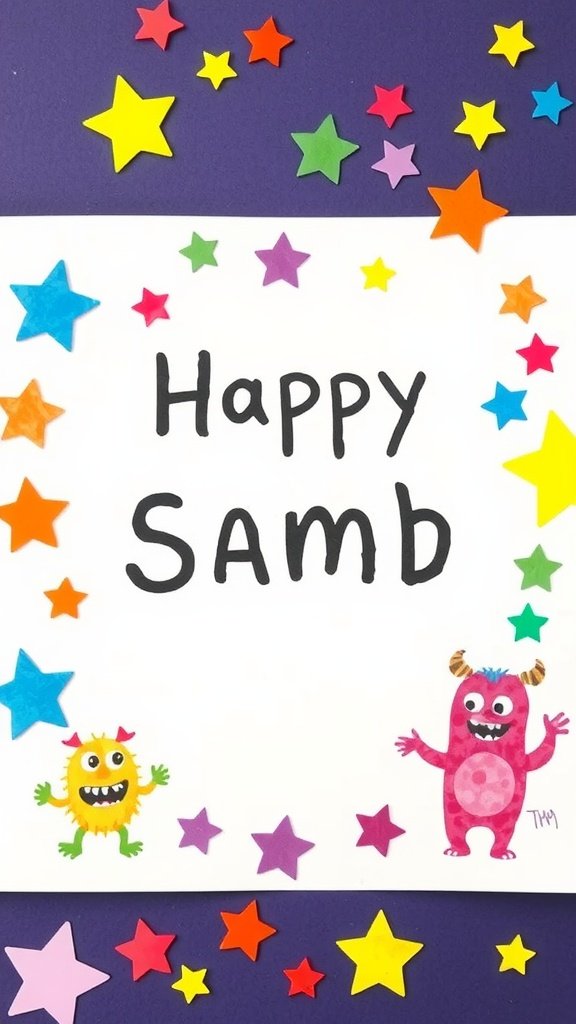 Una alegre tarjeta de felicitación con sellos de monstruos coloridos y decoraciones de estrellas.