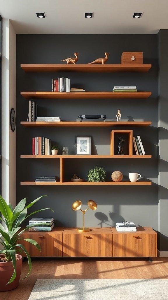 Una elegante disposición de estantes flotantes que exhiben libros, elementos decorativos y plantas en un espacio habitable moderno.