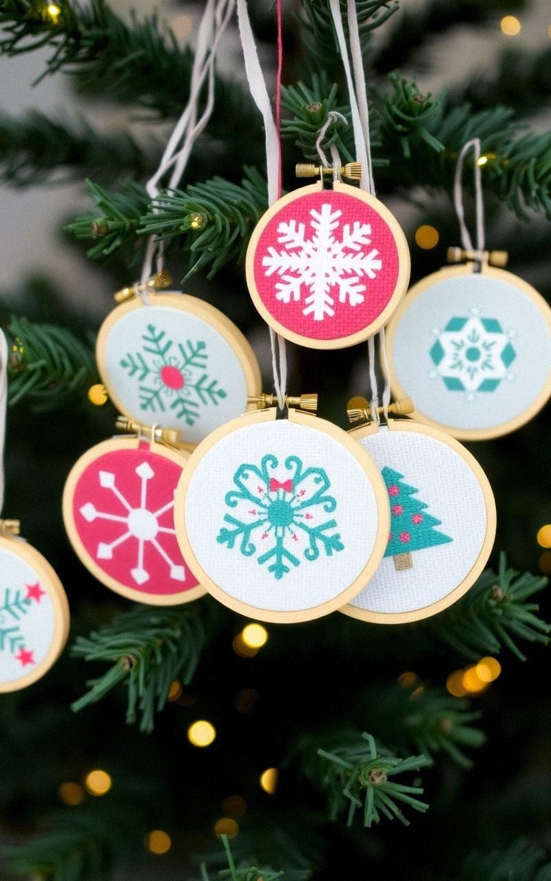 Holiday-Themed Embroidery Hoop Ornaments