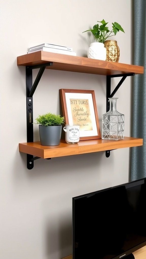 Un sencillo estante flotante DIY montado con soportes negros, que presenta elementos decorativos.