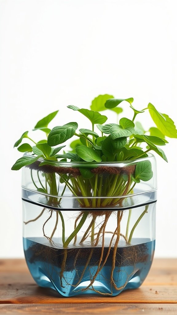 Una jardinera con riego automático hecha a partir de una botella de plástico, que muestra plantas verdes con raíces visibles y agua.