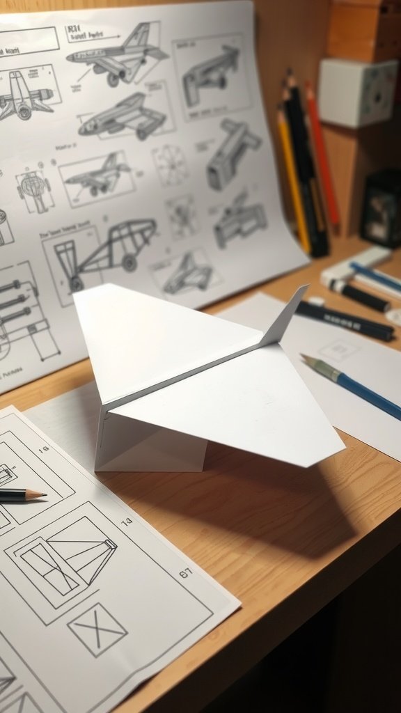 Un primer plano de un modelo de avión de papel de doble ala sobre un escritorio con planos de diseño y herramientas de dibujo.