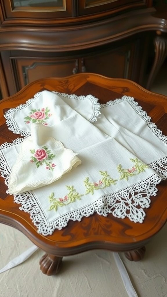 Pañuelos bordados expuestos sobre una mesa de madera.