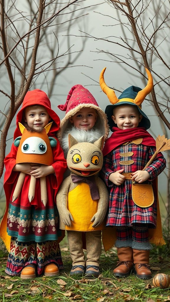Niños vestidos de criaturas fantásticas con juguetes de papel maché.