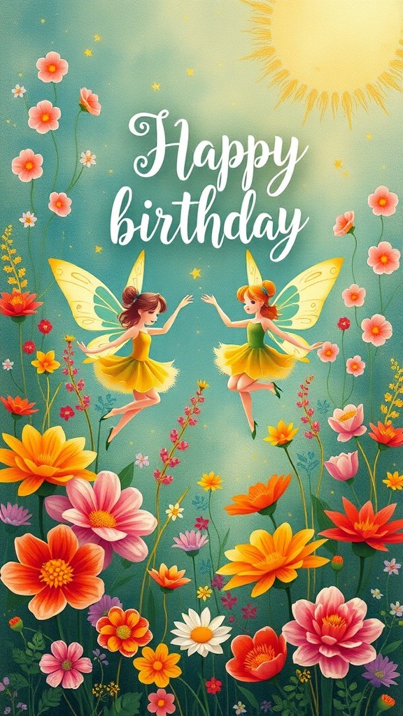 Una tarjeta de cumpleaños colorida con hadas y flores que dice "Feliz cumpleaños".