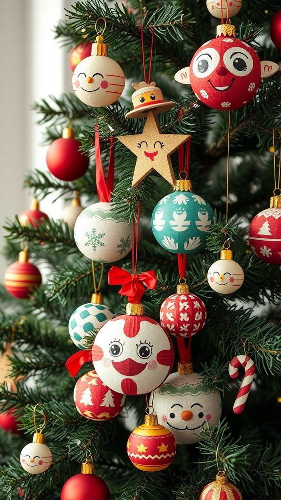 Adornos navideños de papel maché coloridos colgados en un árbol de Navidad.
