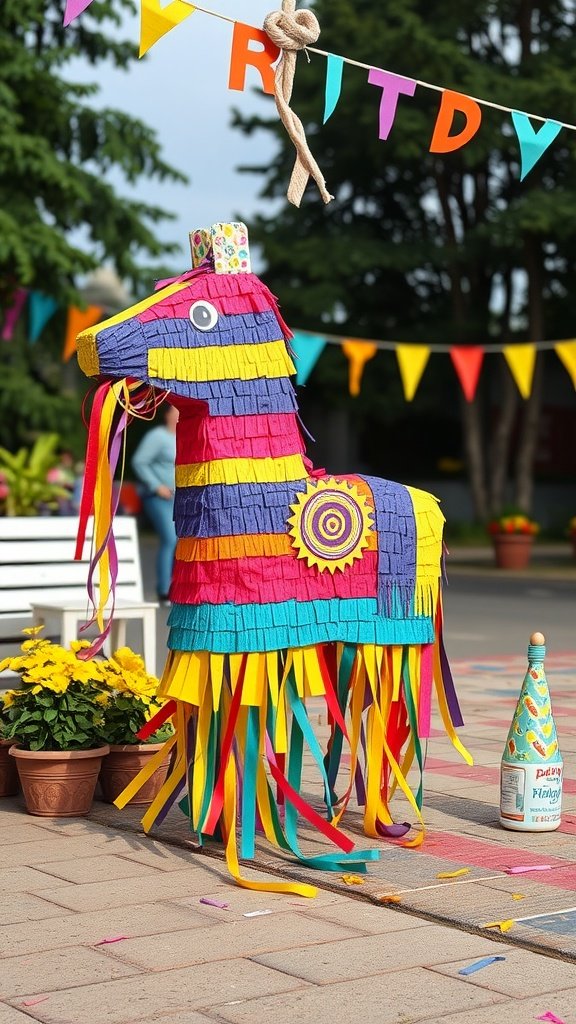 Una piñata de papel maché colorida diseñada como un caballo, rodeada de decoraciones.
