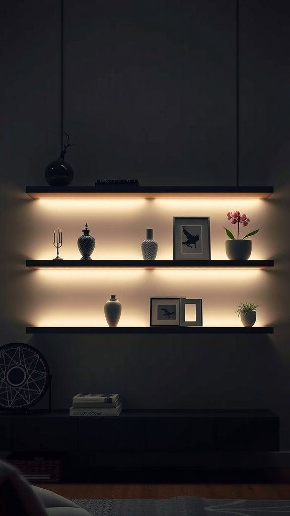 Estantes flotantes con iluminación LED que muestran elementos decorativos y plantas.