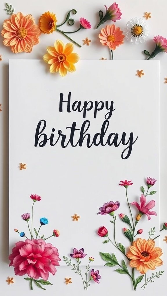 Una tarjeta de cumpleaños con el texto "Feliz cumpleaños" y diseños florales coloridos.