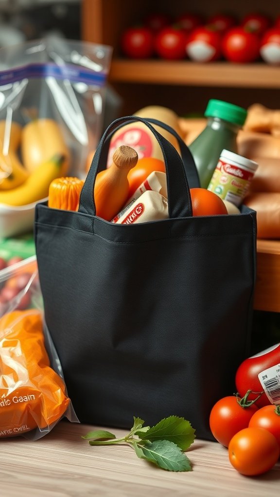 Una bolsa de compras plegable negra llena de alimentos frescos, incluidas frutas y verduras.