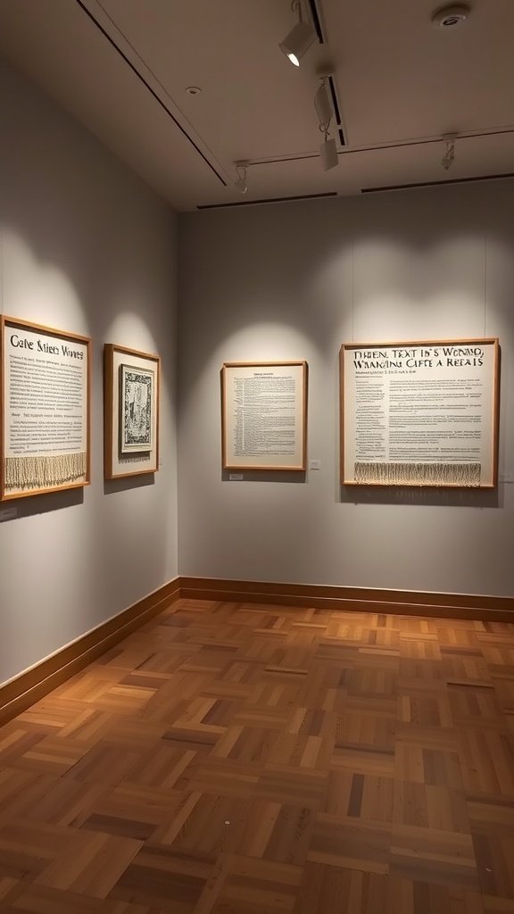 Una exhibición de arte que presenta tejidos de papel enmarcados en una pared de galería.