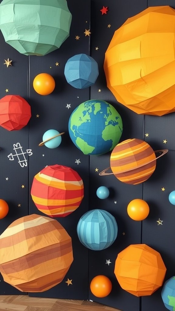 Planetas de papel maché de colores colgando sobre un fondo oscuro.