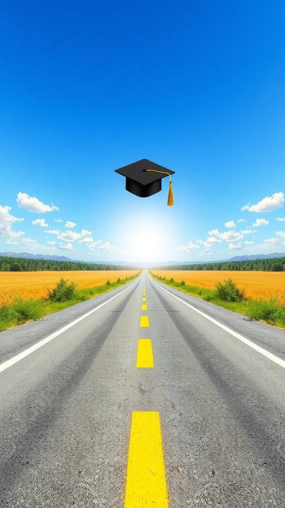 Un camino que conduce a un horizonte brillante con una gorra de graduación flotando encima.