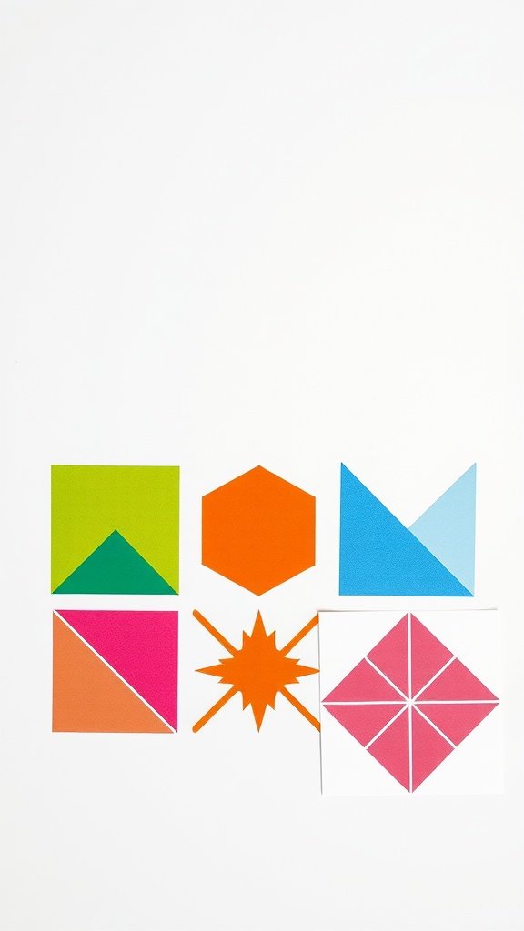 Una colección de plantillas geométricas coloridas dispuestas sobre un fondo blanco.