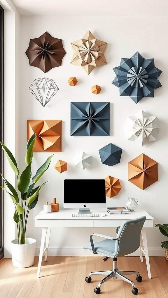 Una disposición creativa de formas geométricas de origami en varios colores en una pared, que muestra un espacio de trabajo moderno.