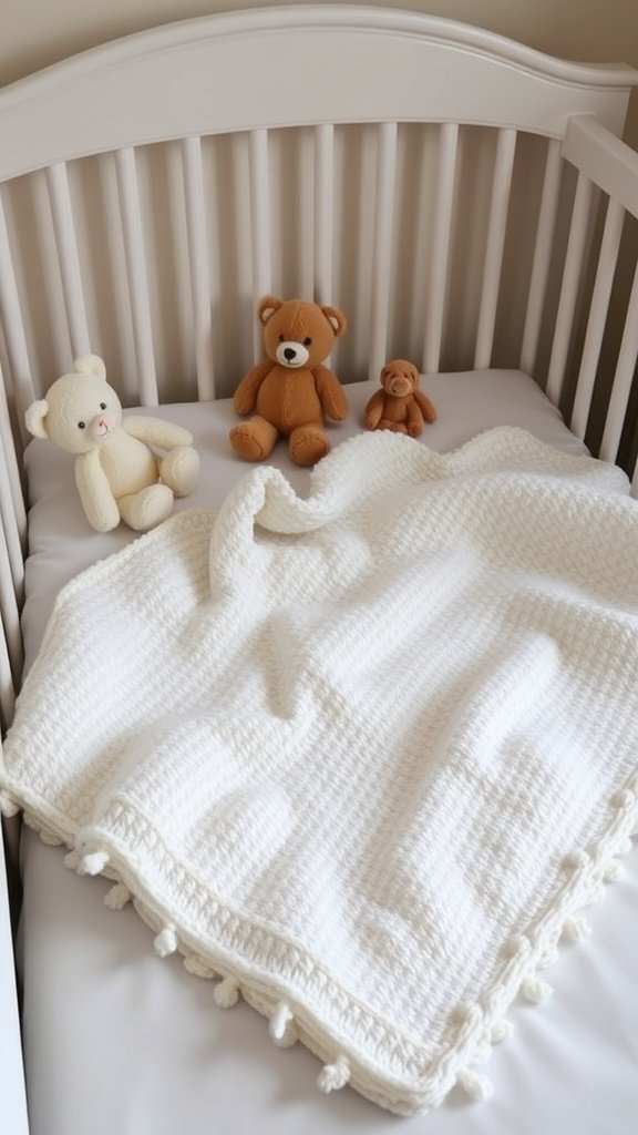 Una acogedora manta blanca para bebé en una cuna con ositos de peluche.