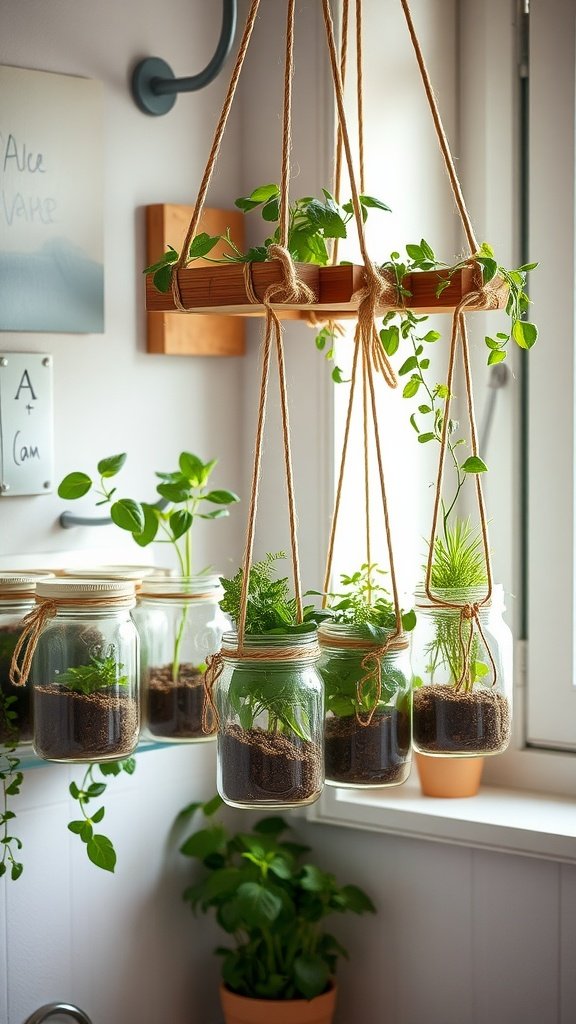 Jardim de ervas suspenso com potes de vidro cheios de plantas, suspensos em uma prateleira de madeira.