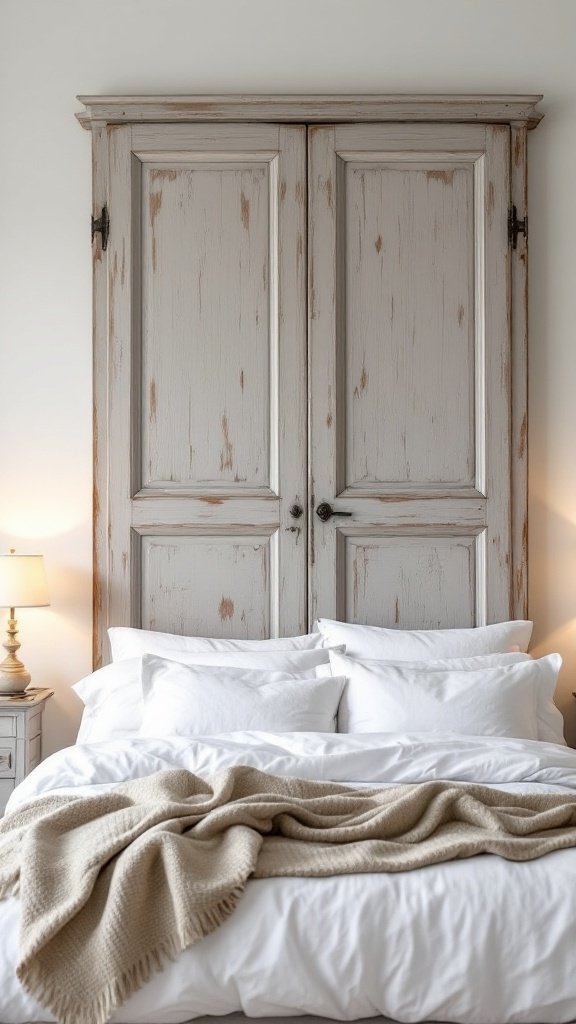 Un cabecero realizado a partir de una puerta antigua, con un diseño rústico y ropa de cama suave.