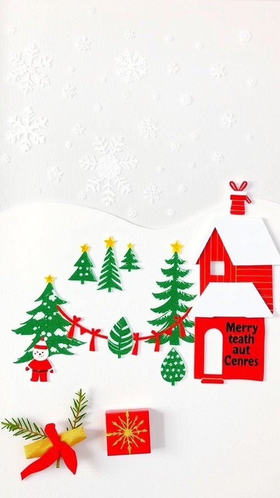 Un diseño festivo de tarjeta navideña con un fondo nevado, árboles de Navidad, un Papá Noel alegre y elementos decorativos.