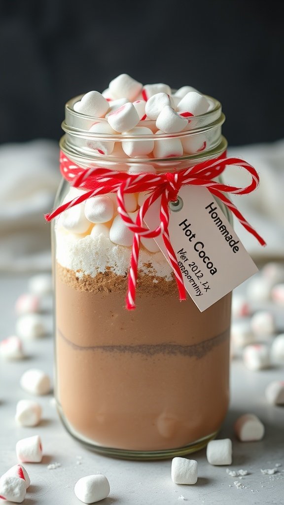 Um pote de vidro cheio de camadas de mistura de cacau, açúcar e marshmallows, decorado com uma fita vermelha e uma etiqueta que diz "Chocolate Quente Caseiro".