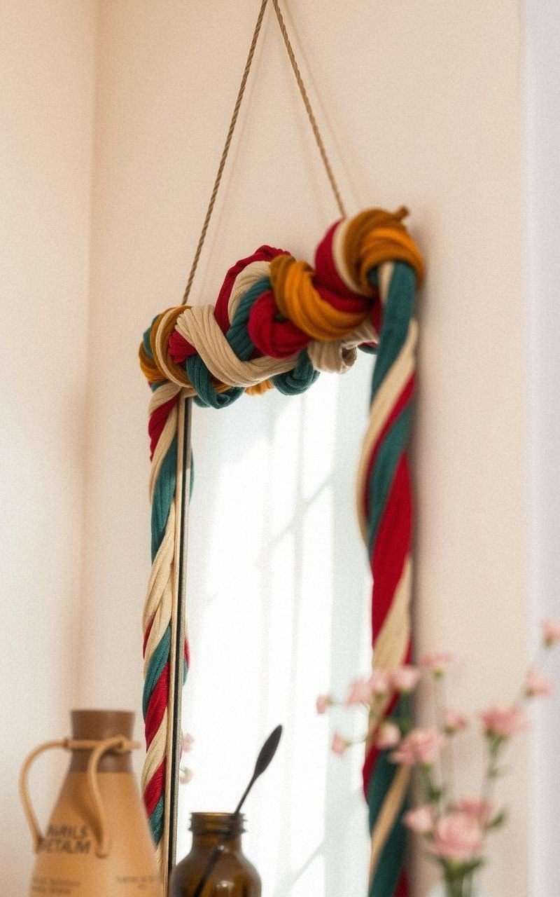 Miroir Avec Cadre En Tissu Enroulé Et Noué