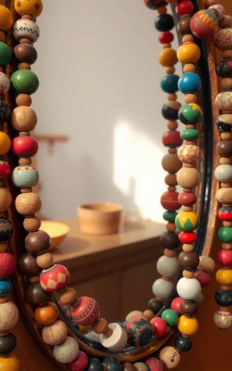 Cadre De Miroir Avec Perles De Bois Peintes