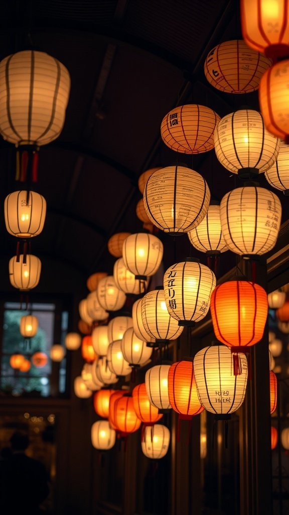 Una colección de linternas de papel iluminadas en varias formas y colores, que crean un brillo cálido.