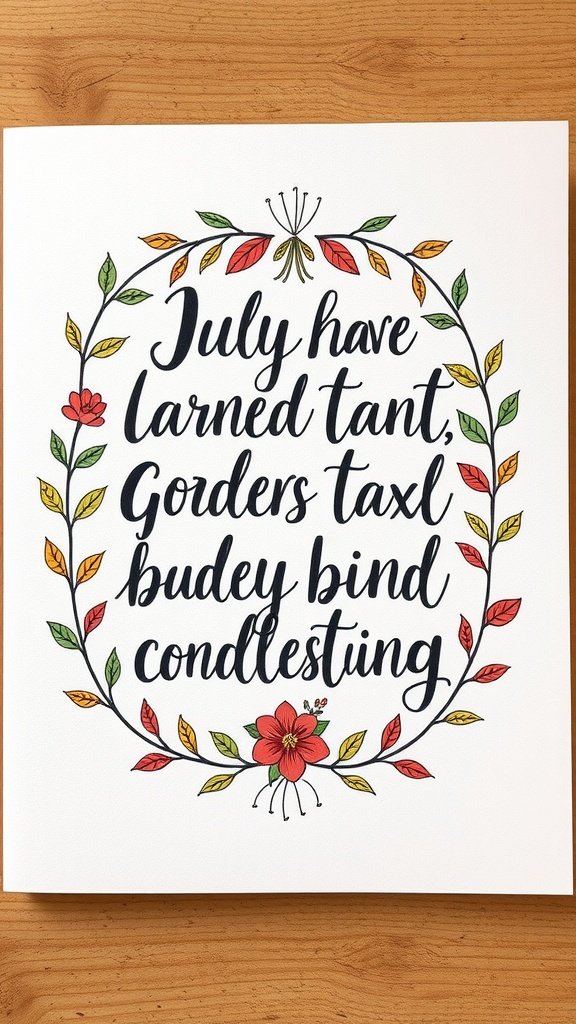 Una cita colorida escrita a mano rodeada de ilustraciones florales.