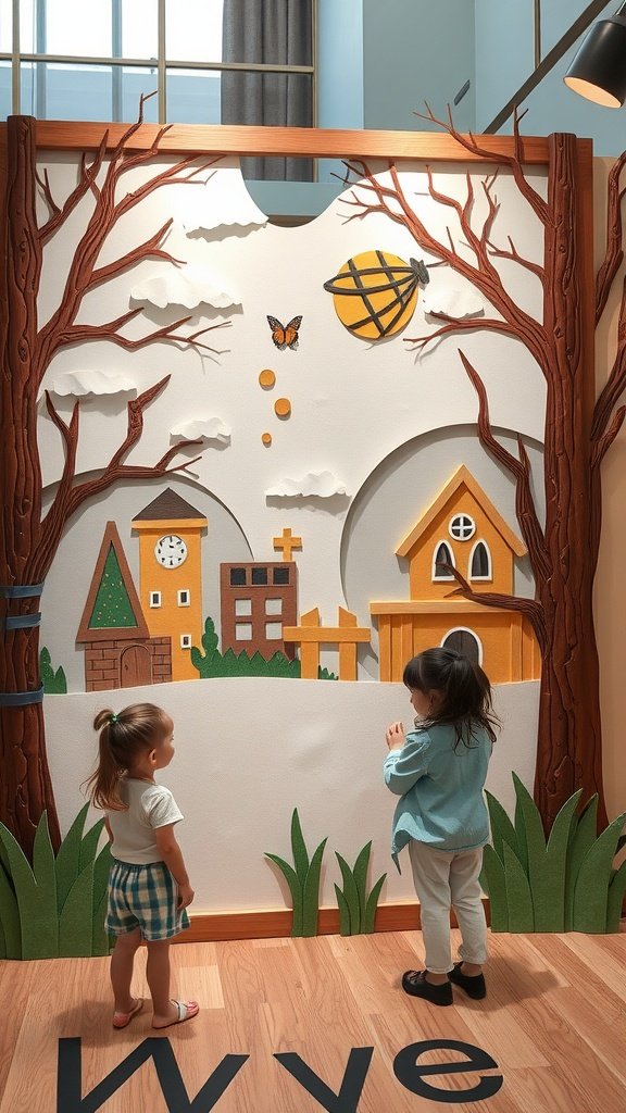 Dos niños interactuando con arte mural de papel colorido en un espacio lúdico.