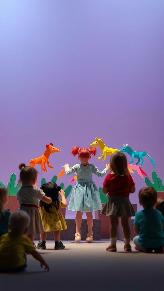 Niños viendo un espectáculo de marionetas con coloridos títeres de papel maché.