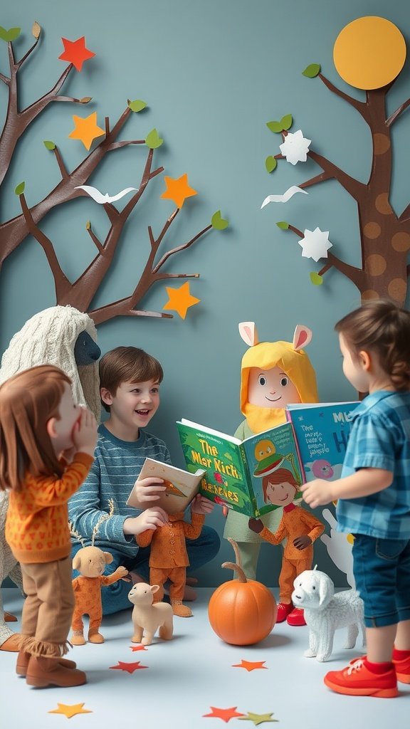 Niños interactuando con personajes de cuentos de papel maché y disfrutando de la lectura juntos.