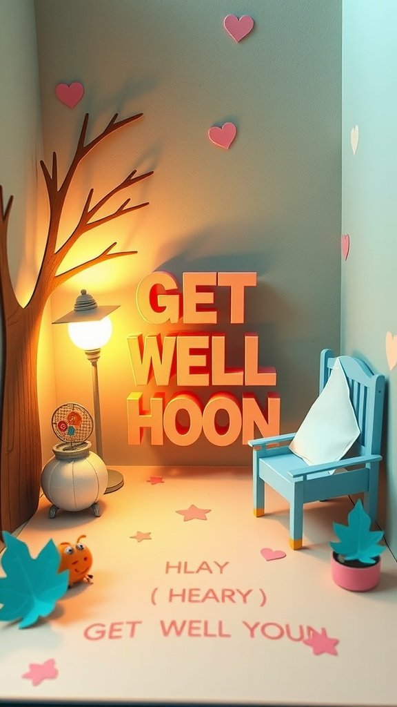 Una escena acogedora con un cartel que dice "GET WELL HOON", una lámpara y elementos decorativos como corazones y hojas.