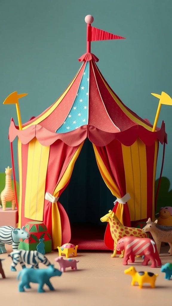 Carpa de circo de papel maché de colores rodeada de animales de juguete.