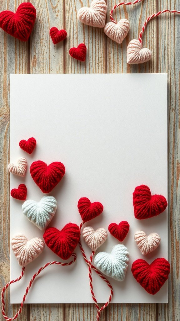 Una colección de adornos de corazones tejidos en varios colores sobre una superficie de madera.