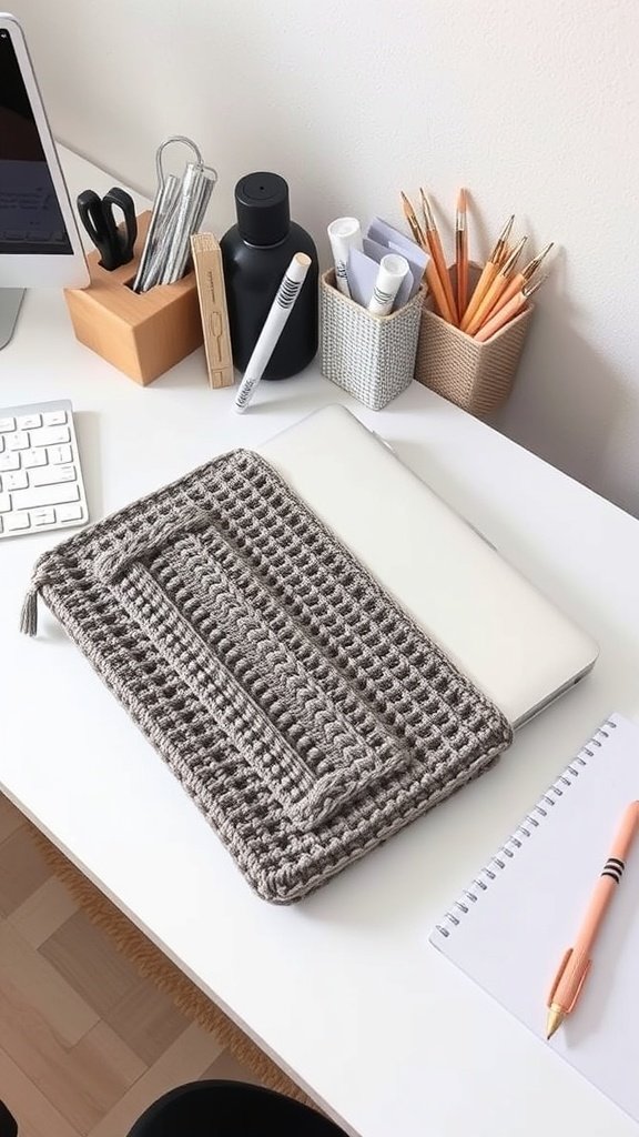 Una funda para computadora portátil tejida a crochet que reposa sobre un escritorio con una computadora portátil y material de oficina.