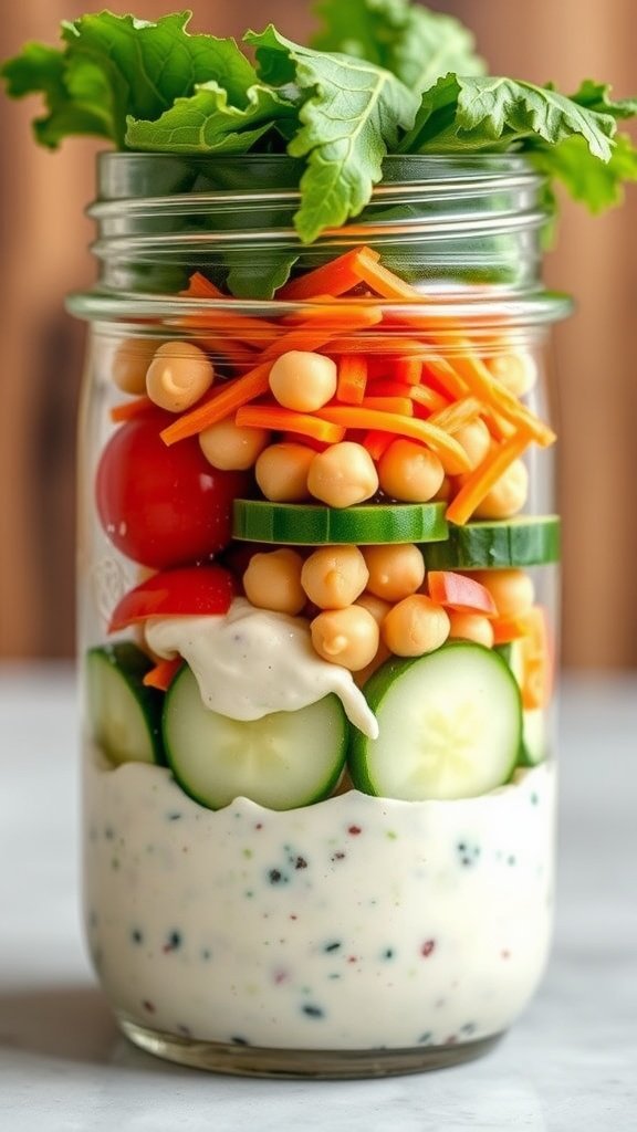 Um pote de vidro cheio de uma salada colorida em camadas, incluindo alface, tomate, pepino, cenoura, grão-de-bico e molho.