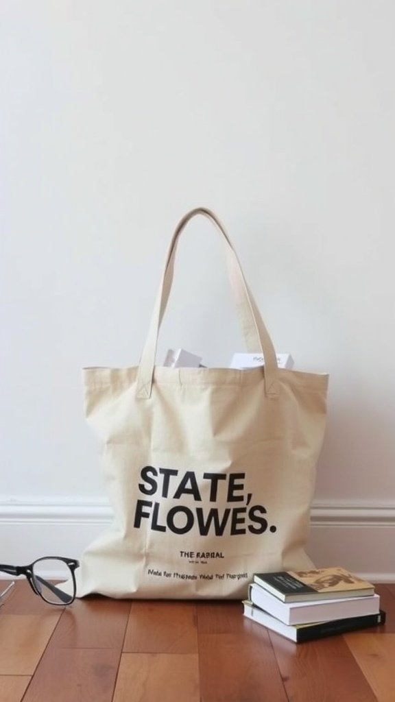 Una bolsa de mano de color beige con el texto “ESTADO, FLOR” y algunos libros a su lado, sobre un suelo de madera.