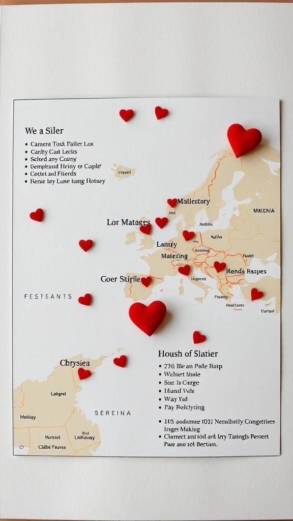 Una tarjeta de mapa de amor con ubicaciones resaltadas y pequeños corazones rojos.