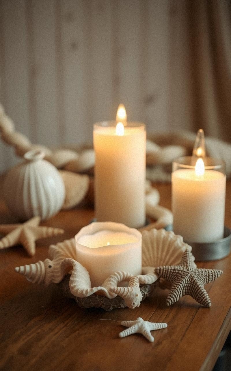 Portavelas Rústico Con Conchas Marinas Variadas