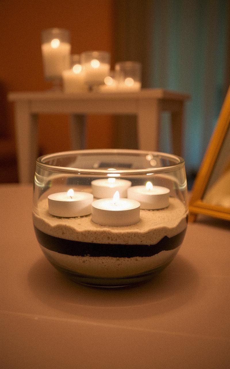 Centres de table avec sable et bougies flottantes