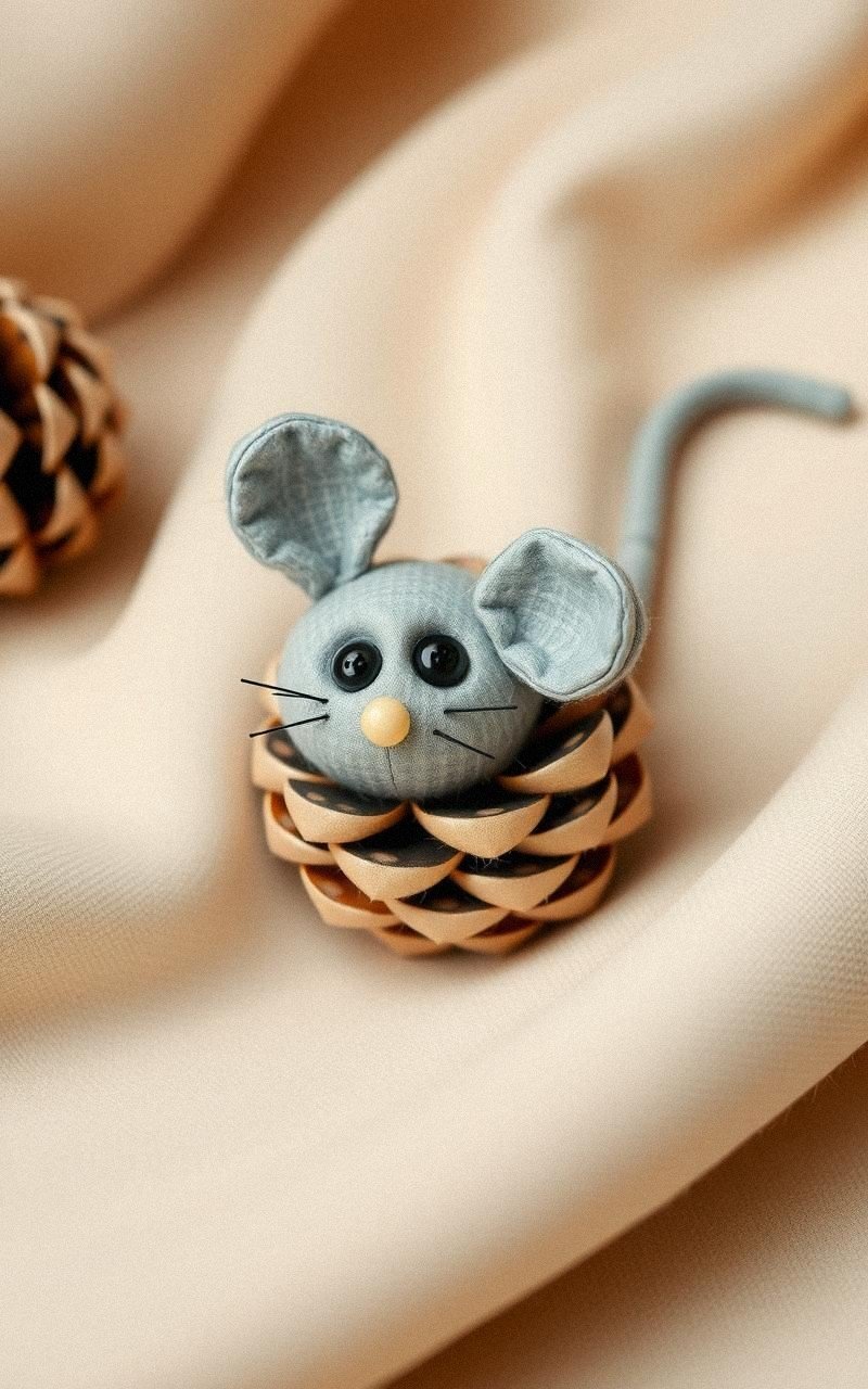 Pequeño Ratón Hecho Con Piña Y Tela Gris