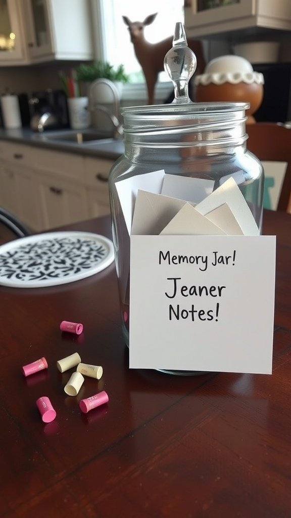 Un frasco de recuerdos lleno de notas, colocado sobre una mesa en una cocina acogedora.