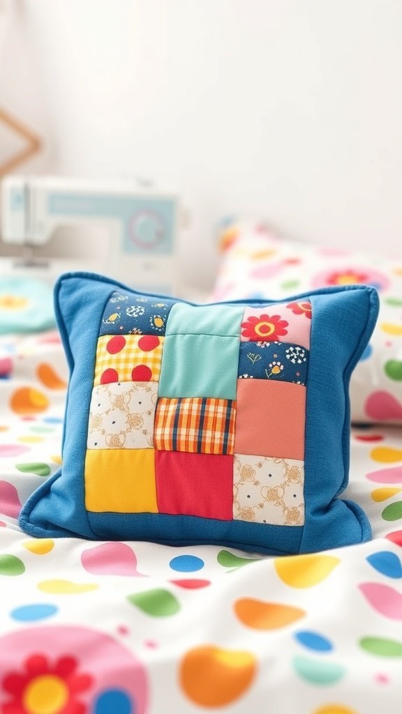 Una mini almohada acolchada colorida sobre una colcha de lunares vibrantes.