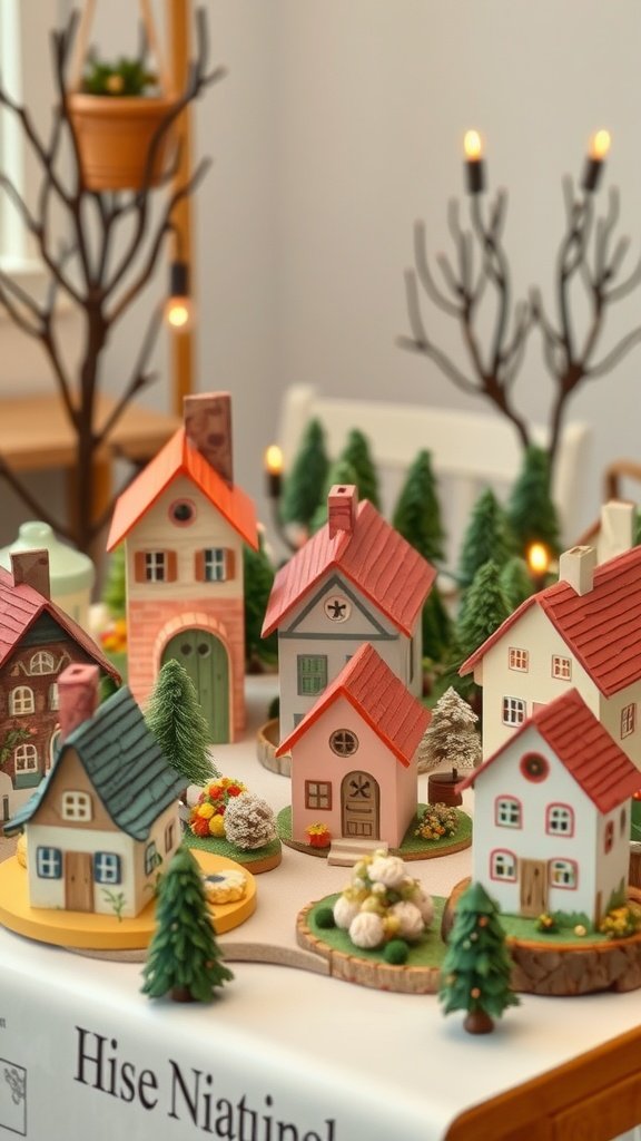 Casas en miniatura de papel maché expuestas sobre una mesa, rodeadas de pequeños árboles y elementos decorativos.